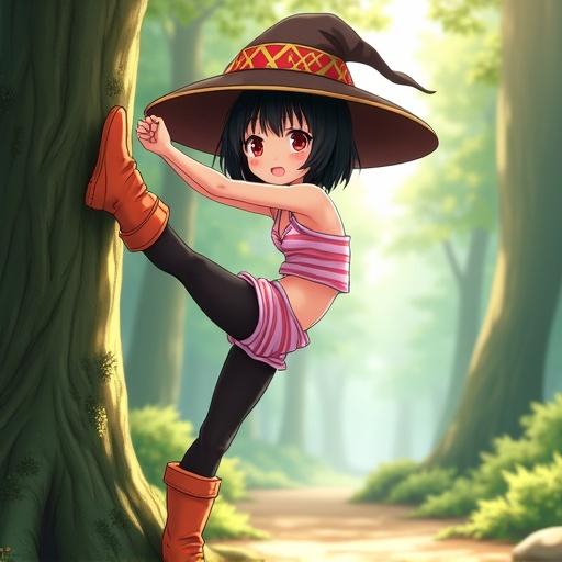 Detailed 3D-rendered anime-style full-body illustration of a young female mage. She wears a large wizard hat with gold trim in a sunlit fantasy forest. Caught in mid-Y-pose she looks over her shoulder. Outfit features a cropped halter top with stripes and athletic bottom. One leg is in a thigh-high stocking and the other wrapped in bandages. Mossy tree trunk beside her.
