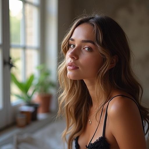 Portrait of a woman with long hair. She sits near a window with soft natural light. Indoor plants decorate the background. Her attire is casual.