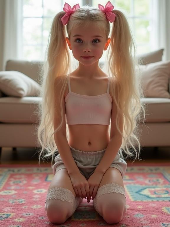 A child with long blonde hair and pink bows kneels on a colorful rug in a softly lit living room. She wears a crop top, shorts, thigh-high socks with lace, and black shoes. The focus is on her beautiful face and navel.