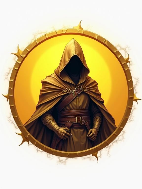 Circular golden yellow logo symbol. Depicts a fantasy rogue in a cloak. High quality and clean lines. Transparent background with no text.