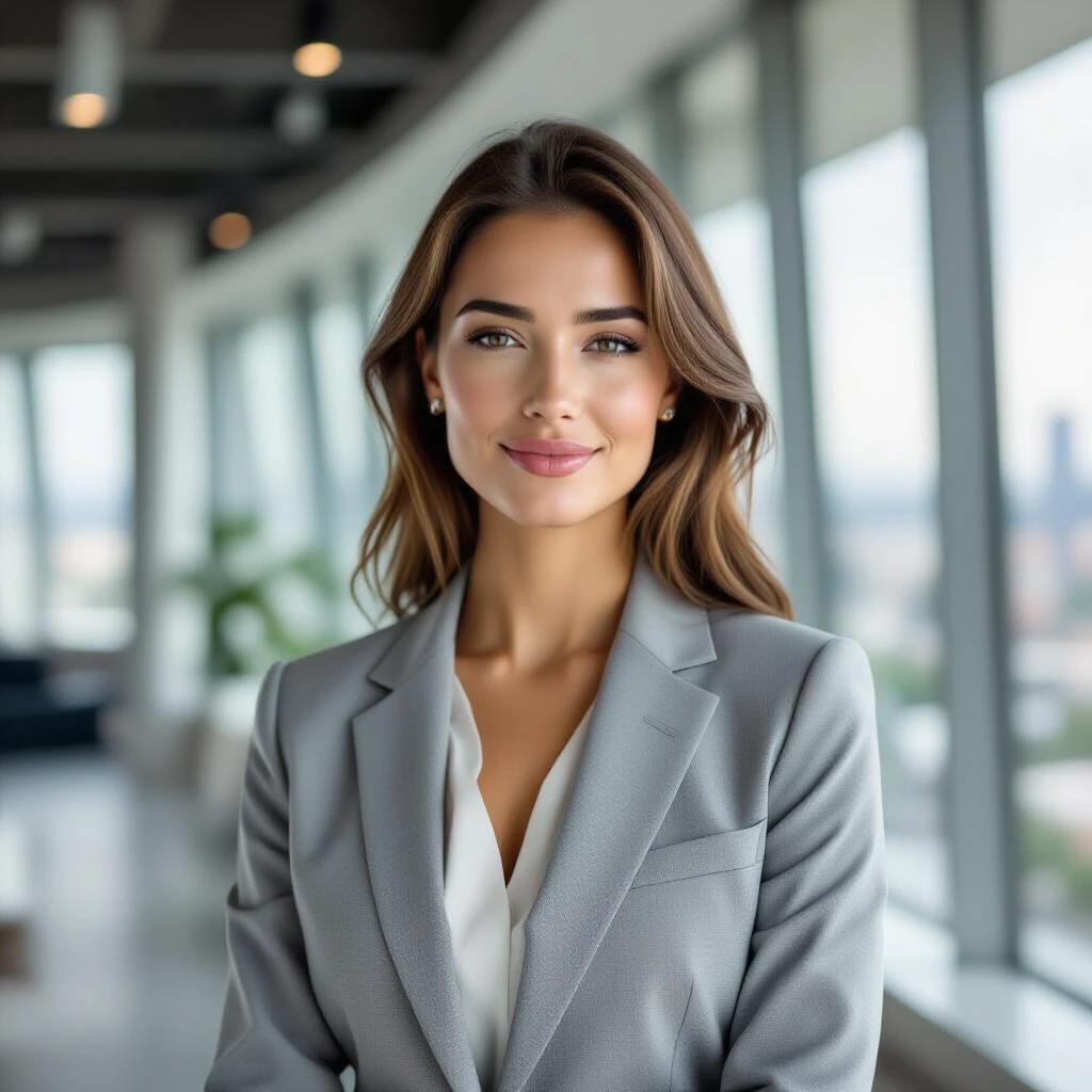 Ultra HD cinematic image of confident young woman in elegant light business suit. She stands in modern office with large windows. Natural daylight illuminates her surroundings.