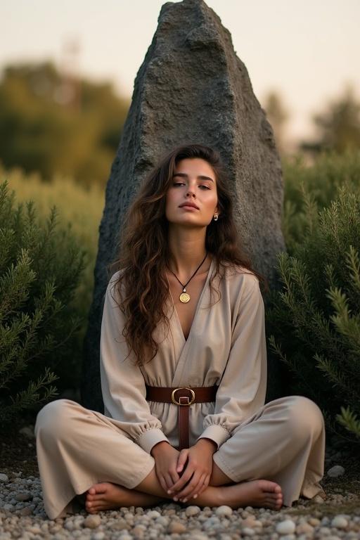 A young slender woman with long brown curls sits cross-legged leaning against a menhir. She wears a natural-colored robe and a leather belt. A golden medallion hangs around her neck. The menhir is made of dark granite and radiates calm. Dense shrubs frame the scene with a stony ground and wild herbs. The evening light illuminates her face.