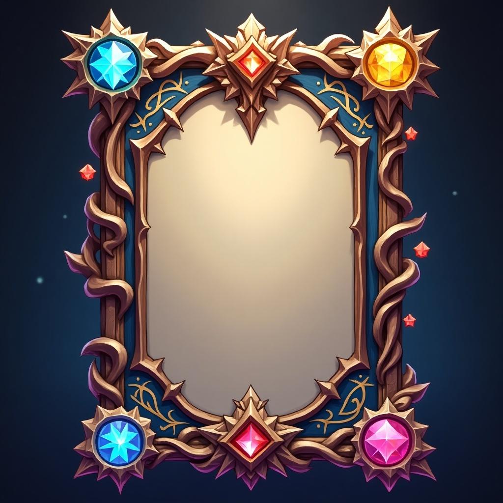 Ornate game card frame with decorative gems. The frame has a wood texture and intricate designs. It is suitable for fantasy or adventure games. Center is empty for customization.