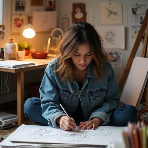 Young female artist in denim jacket sits on the floor. She focuses on digital creation. Surroundings filled with drawing papers and sketchbooks. Wall covered with sketches and notes. Desk lamp illuminates the warm art studio.