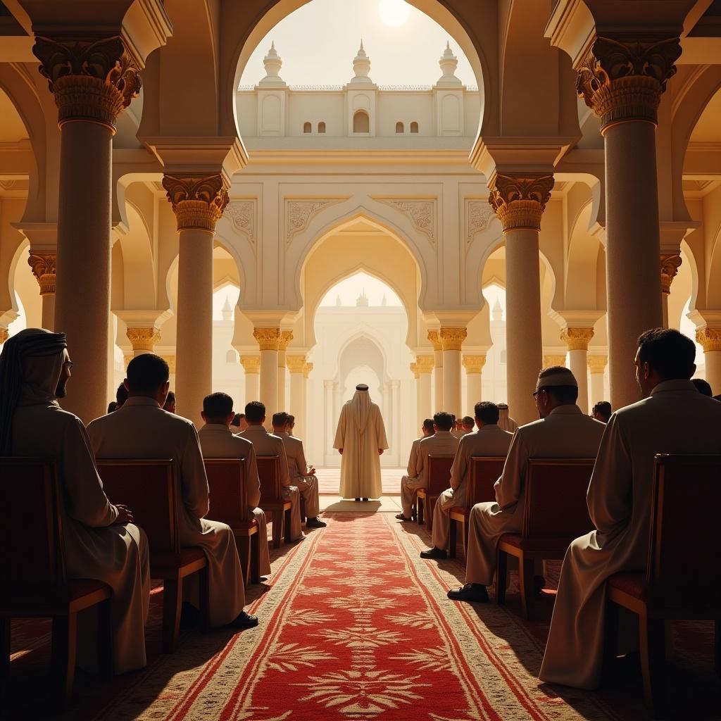 Image displays a group of individuals in traditional outfits seated in a palace setting. A king is positioned at the front, creating a formal atmosphere.