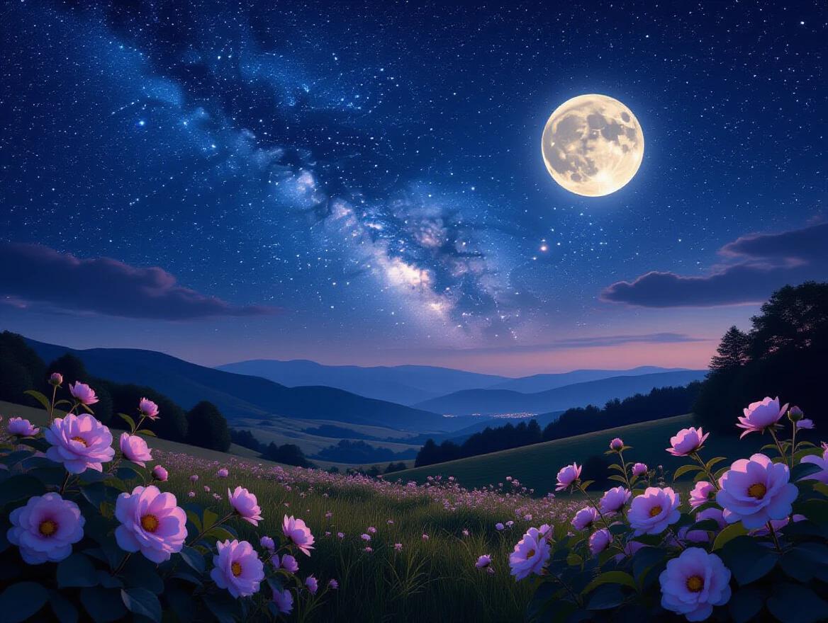 Create a hyperrealistic high-resolution image in a magical night setting under a starry sky. Show a serene landscape with a bright full moon surrounded by twinkling stars and a faint Milky Way backdrop. The environment is covered in elegant flowers with petals glowing in neon or luminescent effects in cool tones. Center the image with a defined space for a person later, softly lit for harmonious integration. Focus on extreme detail of textures, moonlight reflections, and dreamy atmosphere. Style should be hyperrealistic with fantasy elements.