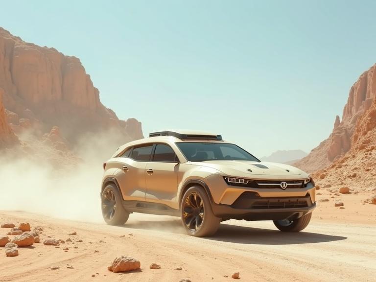 Futuristic military jeep driving through a dusty desert landscape. Light beige color, polygonal shape. Bright blue sky with stone city ruins in the background. High detail and realism in textures and shadows.