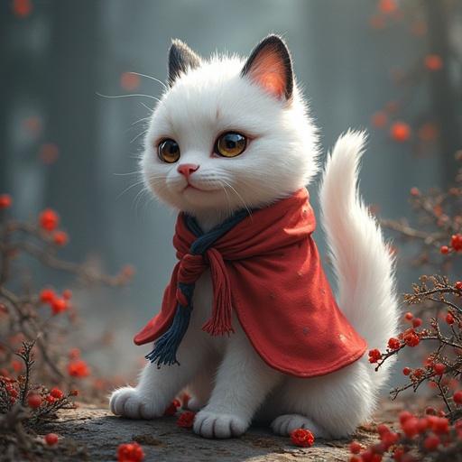 A cute white cat wearing a red scarf stands among red berries. Background is softly blurred giving a dreamy effect. Cat looks playful and charming. Light creates a warm atmosphere.