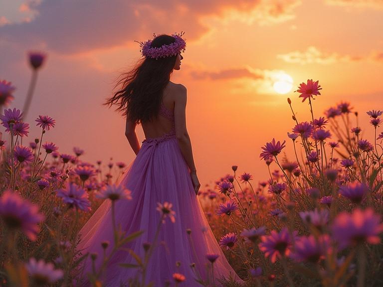 Woman in a flowing purple dress stands among flowers at sunset. Foreground filled with flowers, beautiful sky. Silhouette captures elegance and mystery.