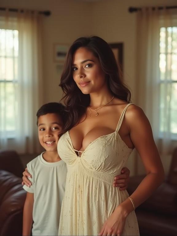 Woman wears sundress with large breasts and cleavage. Boy smiles next to her. They stand in a living room. Image has low resolution and pixelated quality. Bright colors create an oversaturated effect. Subjects appear happy in a cozy environment.