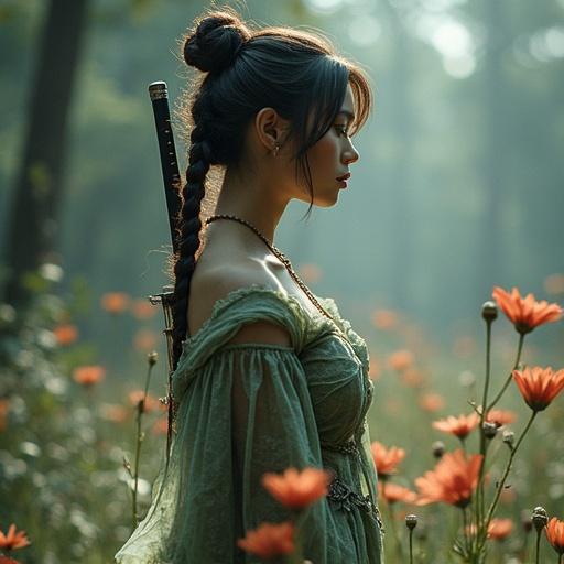 Portrait of a modern samurai fairy. Character holds a katana. Surrounded by flowers in a green setting. Features minimalism and led lighting. Inspired by northern renaissance art.