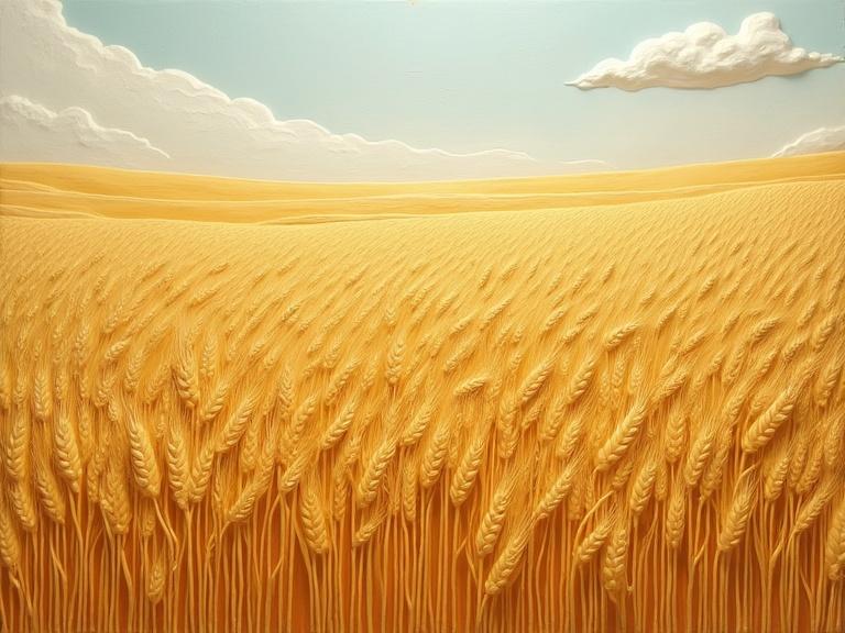 Golden wheat field created in textured clay relief. Raised surfaces imitate painterly brush strokes. Distinct wheat stalks with a natural sky above them. Expansive landscape captures the essence of nature.