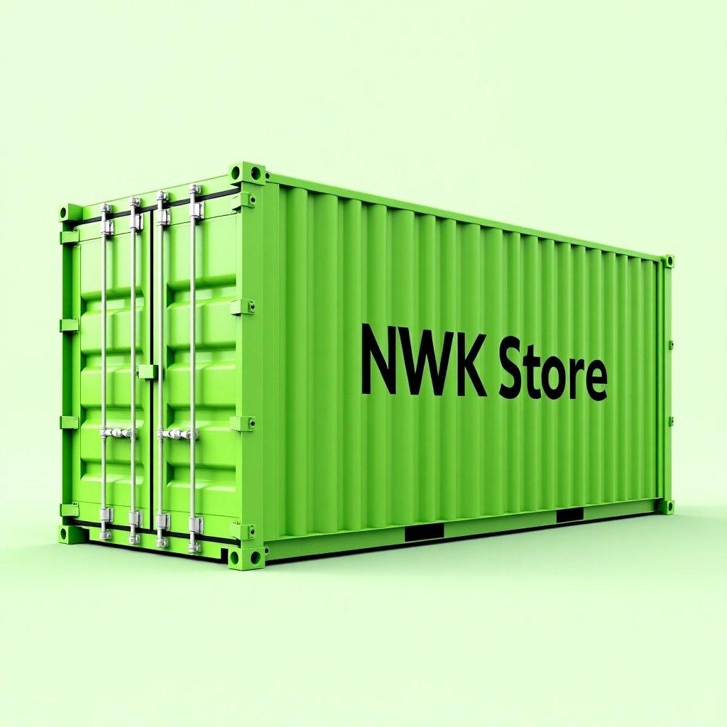 Image of a bright green shipping container with 'NWK Store' text. Designed as a modern retail space. Emphasizes creativity in store design. Set against a simple background to highlight the container. Trendy and innovative retail style.