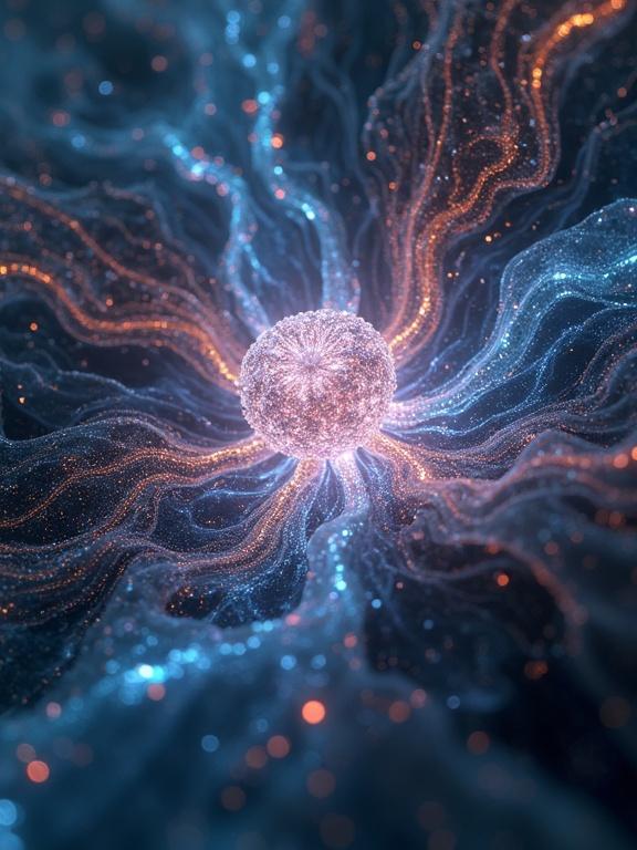 A shimmering ethereal entity floats in digital space. Cascading streams of data surround it. Colors shift in a kaleidoscope of patterns. Hyper-realistic 3D rendering captures beauty and complexity. Intricate details pulsate with life. The scene exudes futuristic elegance.