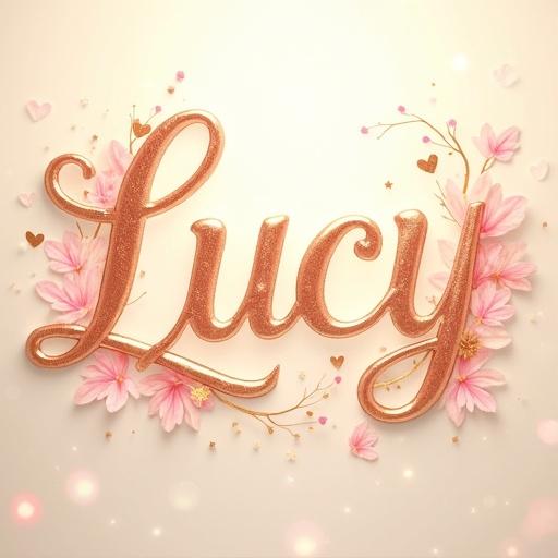 Luxurious 3D render of the name 'LUCY' in cursive font with cream to gold gradient and floral patterns. Surrounded by shimmering heart-shaped fairy wings and golden ribbons. Soft ivory background with bokeh lights creates a magical atmosphere.
