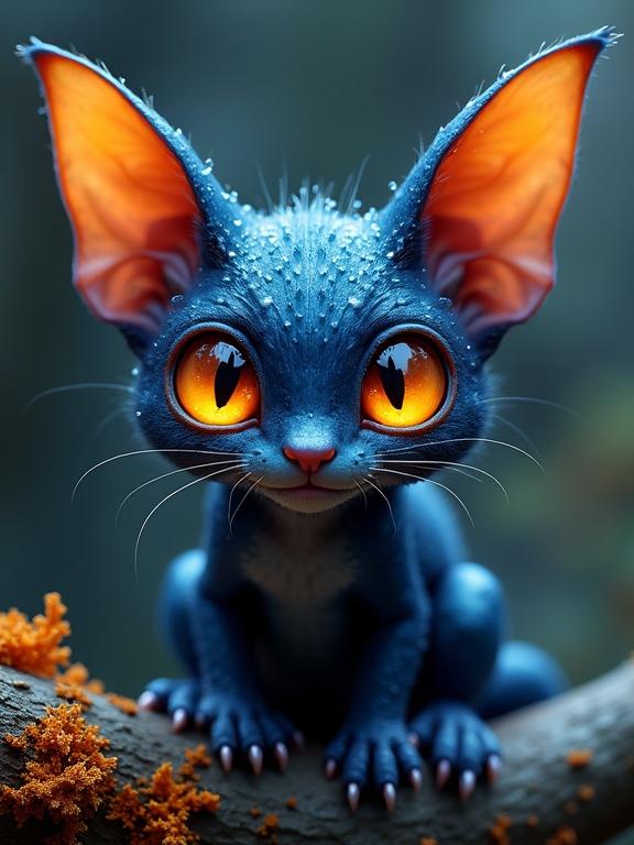 Image of a fantastical cat-like creature with deep blue skin and orange glowing eyes perched on an organic surface. The creature has large ears and a shiny, wet appearance, evoking a magical, bioluminescent vibe.
