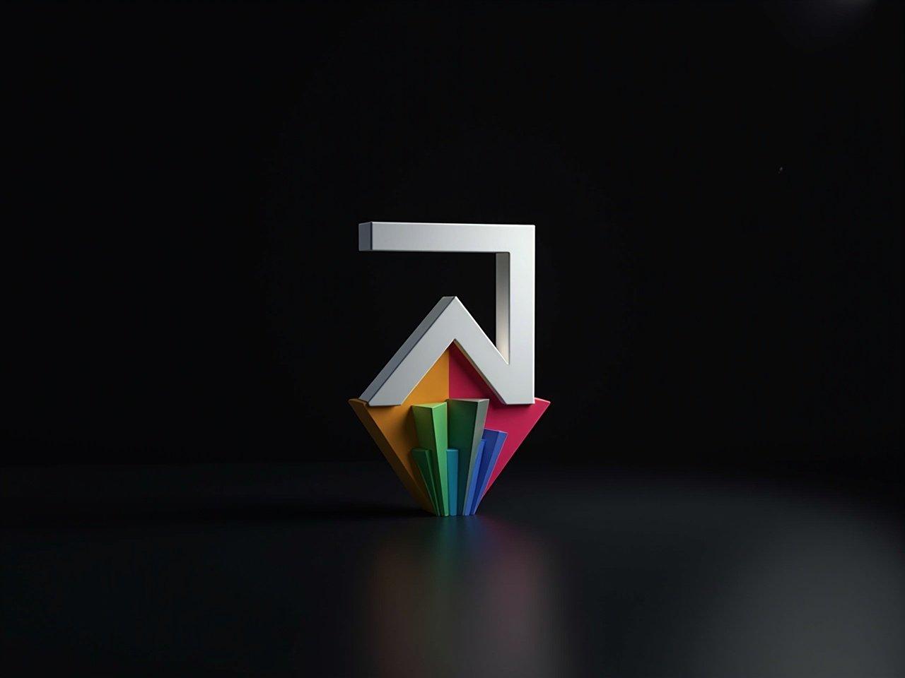 Place the logo on a dark background, emphasizing its white elements and the colorful geometric shapes at the base. The dark contrast should make the logo pop, enhancing the visual appeal. The logo stands tall, drawing attention with its bold design. The colorful shapes should appear vibrant against the darker canvas, creating a striking composition. Overall, the image should convey a modern and creative aesthetic.