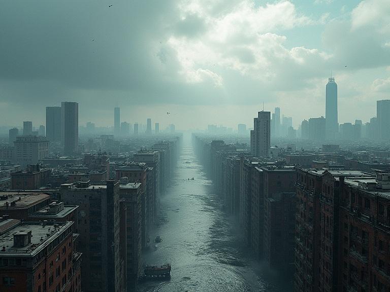 A surreal fracture of a city under a cloudy sky. The image shows a river between tall buildings in a misty environment. The atmosphere appears moody and mysterious. The scene captures an urban landscape with a blend of architecture and nature.