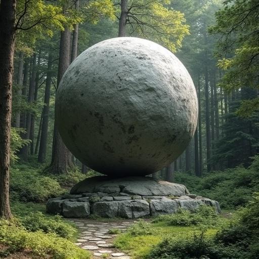 Granite sculpture depicting spherical humans in a lush forest setting