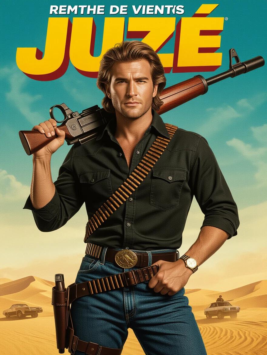Movie poster of an action film titled 'Juzé'. Features a character with long hair styled back, wearing a black shirt and blue jeans. The character holds a large weapon. The design uses HDR and vibrant colors. Full-body view with a desert background.