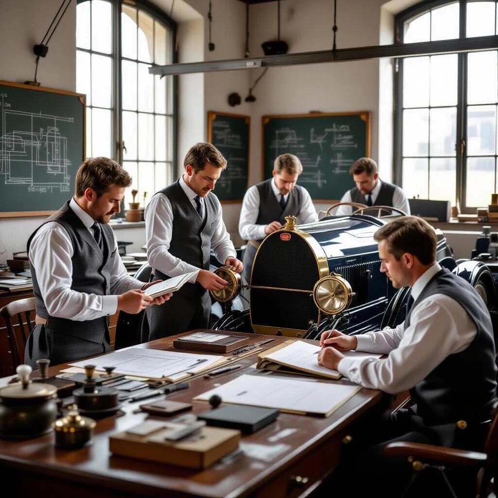 Engineers in wool waistcoats meticulously measuring Bugatti Type 35 chassis with brass calipers. One calculates with slide rule at oak drafting table. Another records data in leather ledger. Desks cluttered with blueprints weighted by pistons and chalkboards covered in equations.