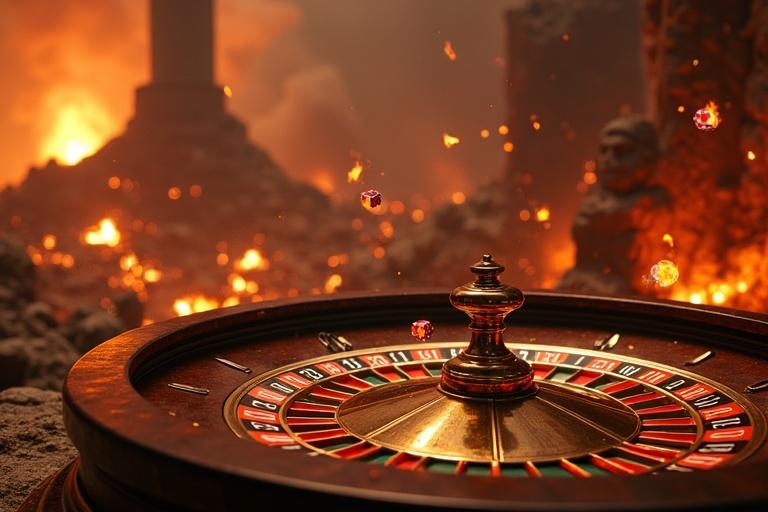Dramatic Roman-era casino scene with lava and ruins. Background features erupting volcanoes. Include golden roulette wheels and floating poker chips. Glowing dice and card symbols in flames. Spark effects create dynamic atmosphere. Evoke excitement and high stakes.