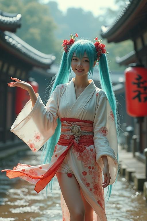 Hatsune Miku is dancing in an ancient Japanese village. She wears a latex kimono with floral details. Her hair is long and turquoise. The background shows traditional architecture and red lanterns.