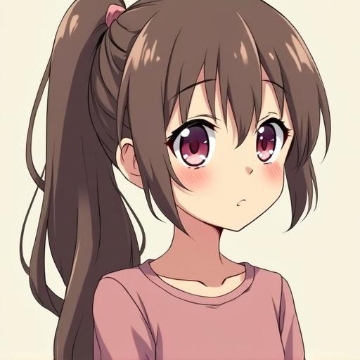 Anime girl with long brown hair tied in a ponytail and light pink eyes. Expression shows a sense of curiosity or contemplation.