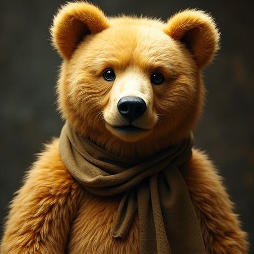 Anthropomorphic bear with gold fur. Bear wears a scarf. Bear looks friendly and approachable.