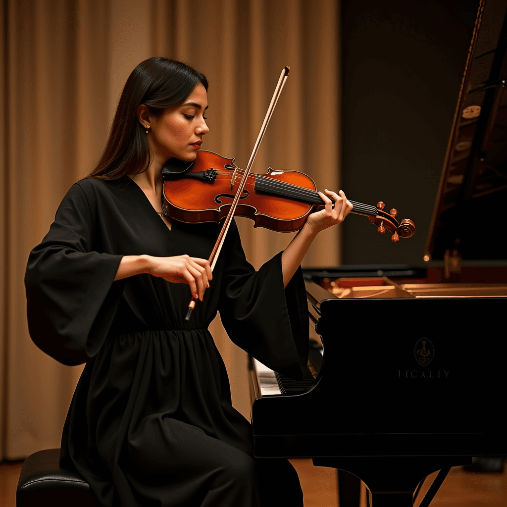 A woman elegantly playing the violin beside a grand piano.