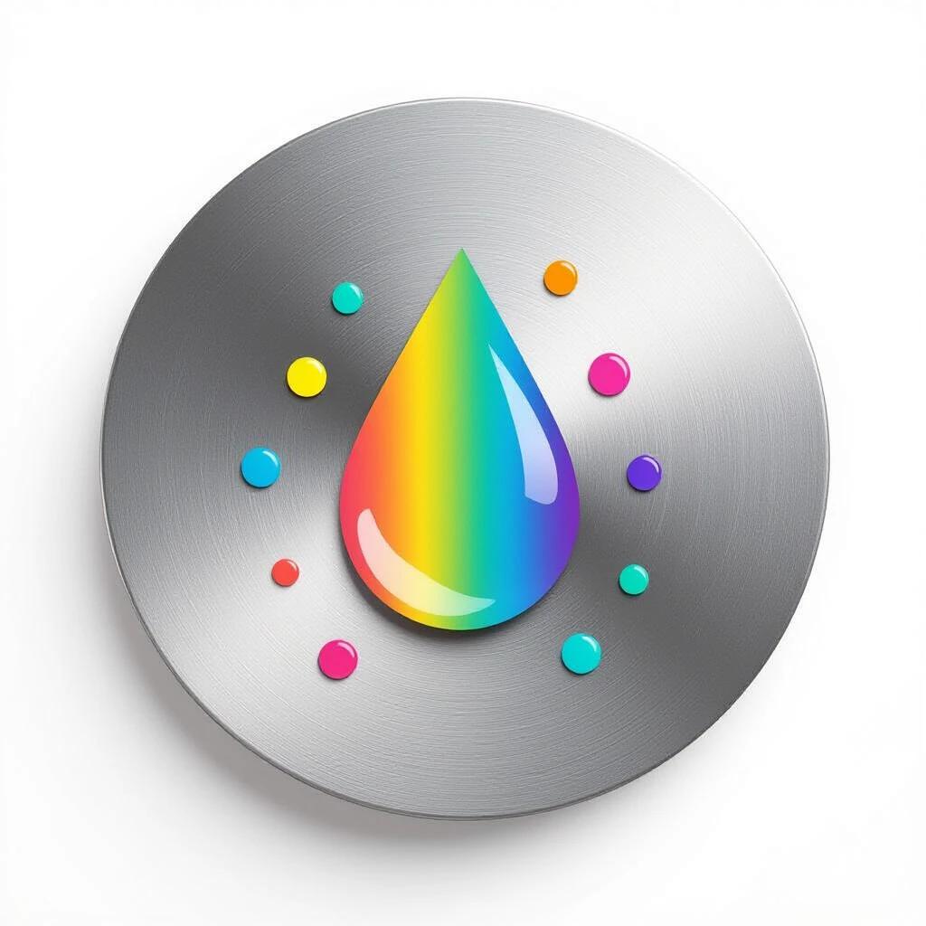 A minimalist circle icon features a geometric silver brush tip at the center. A large hyper-realistic rainbow droplet is displayed with five tiny suspensions. The droplets are in random placements and include colors: cyan, yellow, purple, pink, and turquoise. The background is clean and white. Soft shadows are present, capturing the macro photography style with 85% negative space. The focus is on color pop at small scales.