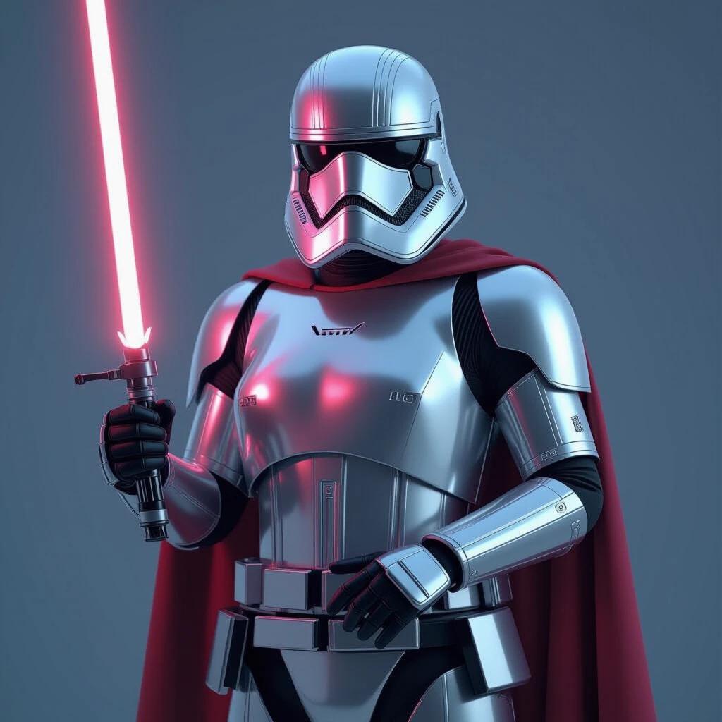 Character inspired by Captain Phasma from Star Wars. Dressed in a shiny metallic suit with a red lightsaber. Strong and confident pose with a cape.