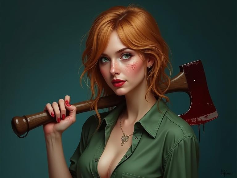 Captivating portrait of a woman with red hair holding a bloodied axe. Expression combines sensuality and mischief. She's wearing a fitted green shirt. Pose is relaxed yet firm. Dark blue background enhances suspense and danger.