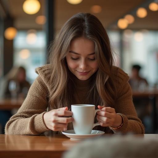 Teenage girl in cafe holding cup of tea with a serene expression. Cozy and inviting atmosphere.