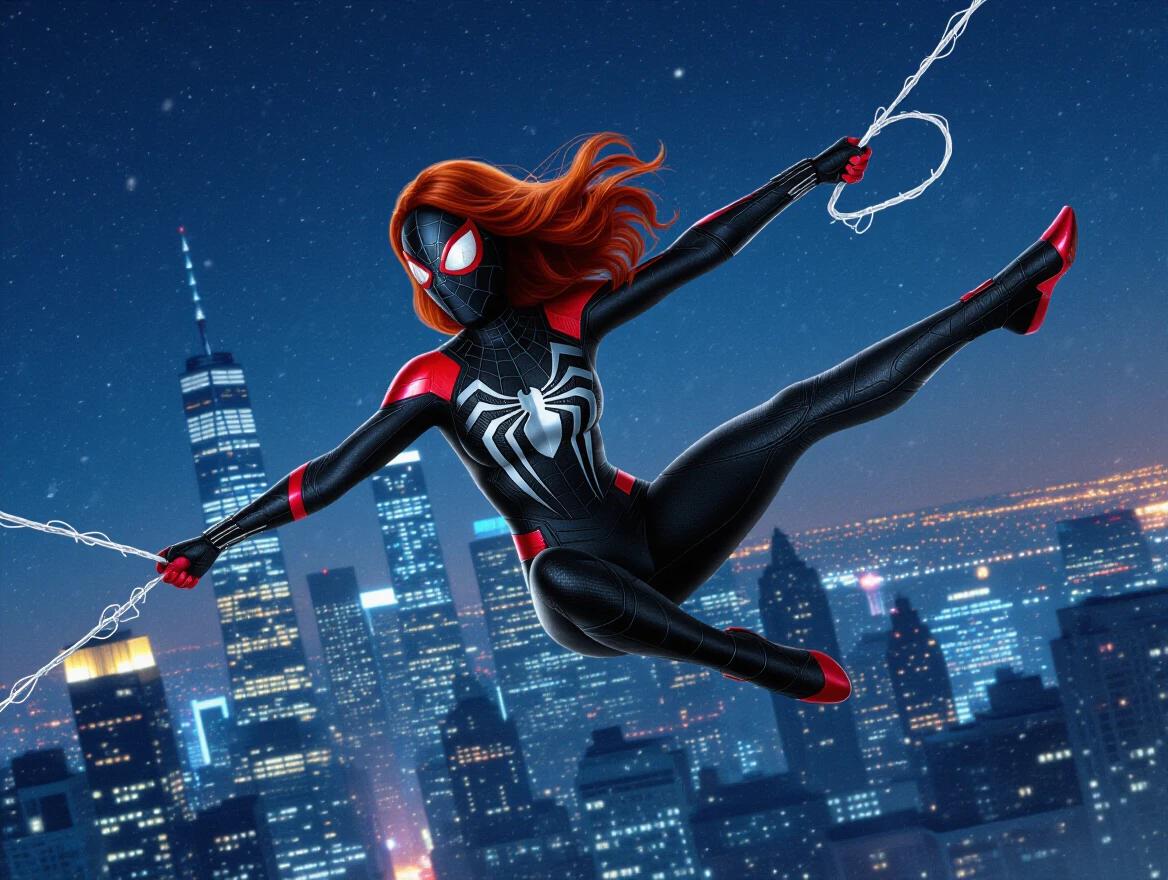 Woman in Spider-Man's black outfit swings across night skyline without her mask on. The scene depicts a vibrant cityscape under the night sky.