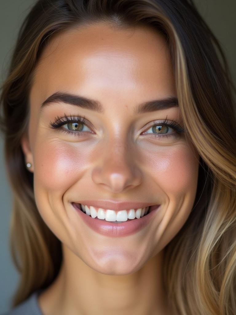 Portrait of a young woman with soft natural makeup. She possesses a warm and inviting expression. Facial details highlighted by soft lighting. Close-up emphasizes her natural beauty.