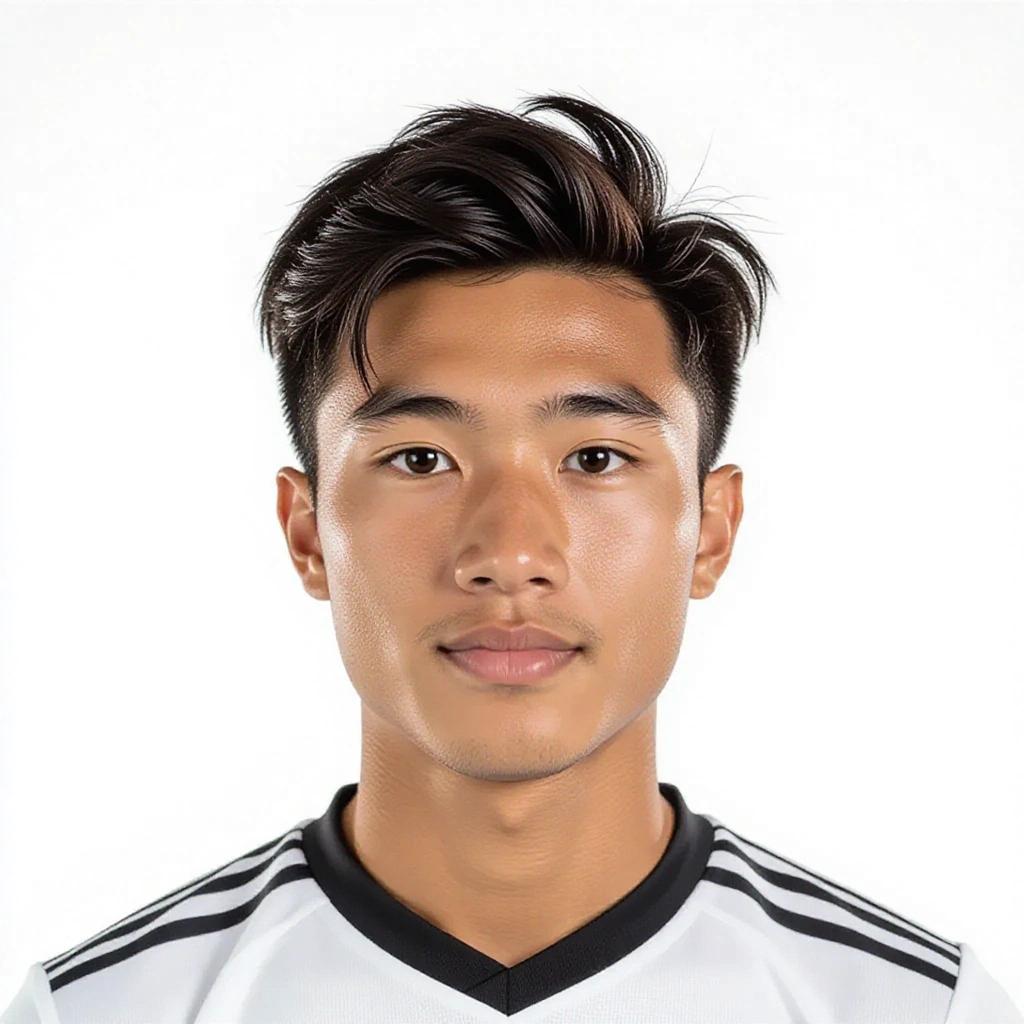 Professional headshot of a young male soccer player. Shoulders up against a white background. Player looks directly into the camera.