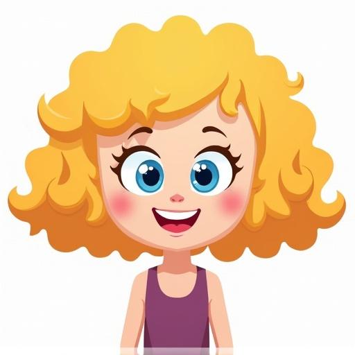 Stylized character with curly blonde hair in a bob cut. Bright blue eyes with a friendly smile. No bangs. Hair is styled with a middle part.