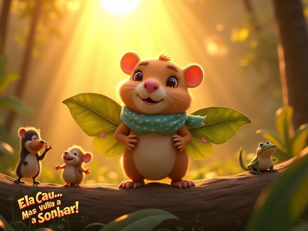 Medium shot of adorable capybara with leaf wings on sunlit log. Capybara has golden-brown fur and teal scarf. Young jungle animals cheer in background. Golden sunlight bursts through trees. Colorful text in bottom left corner.