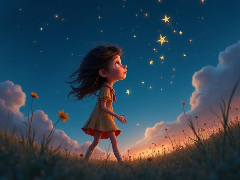 A girl walks under the night sky to catch stars. Her expression is mischievous. The sky is filled with textured stars. The artwork is rich with detail and color.
