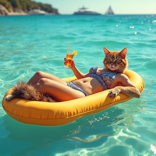 A cat with a woman's body lies on a floating mattress in the sea. The cat wears a stylish swimsuit. The scene is sunny and showcases turquoise water with gentle waves. Cat-girl holds a cocktail and looks relaxed. Background features an ocean view with light haze and distant yachts. The lighting is soft and warm with water glimmers.