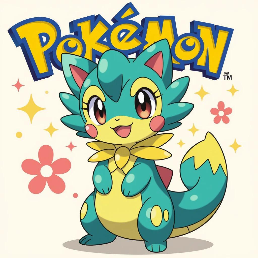 Cute character named Lilian from Pokémon. Bright and colorful. Features teal colors with yellow accents. Smiling expression. Surrounded by flowers and sparkles. Ideal for a cheerful wallpaper.