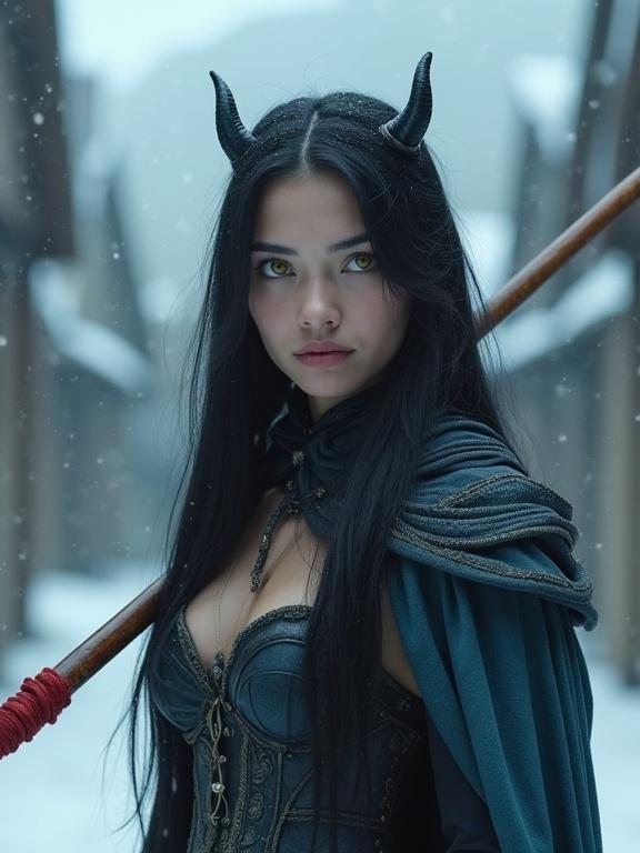 Photorealistic image of a beautiful young devil woman with long black hair and small horns. Her skin is sky blue and she has vibrant yellow eyes. She has an athletic body and a lonely expression. Wears a sleeveless corset dress with a heavy cloak. Stands in a snowy medieval village, with a lance resting on her shoulder.