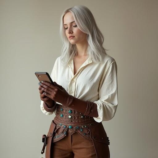 Woman in Witcher cosplay. Young adult with light skin and silvery-white hair. Off-white blouse and brown leather pants. Wearing a detailed belt with teal stones. Confident pose with sword and smartphone. Neutral backdrop and soft lighting. Low-angle view highlighting details.