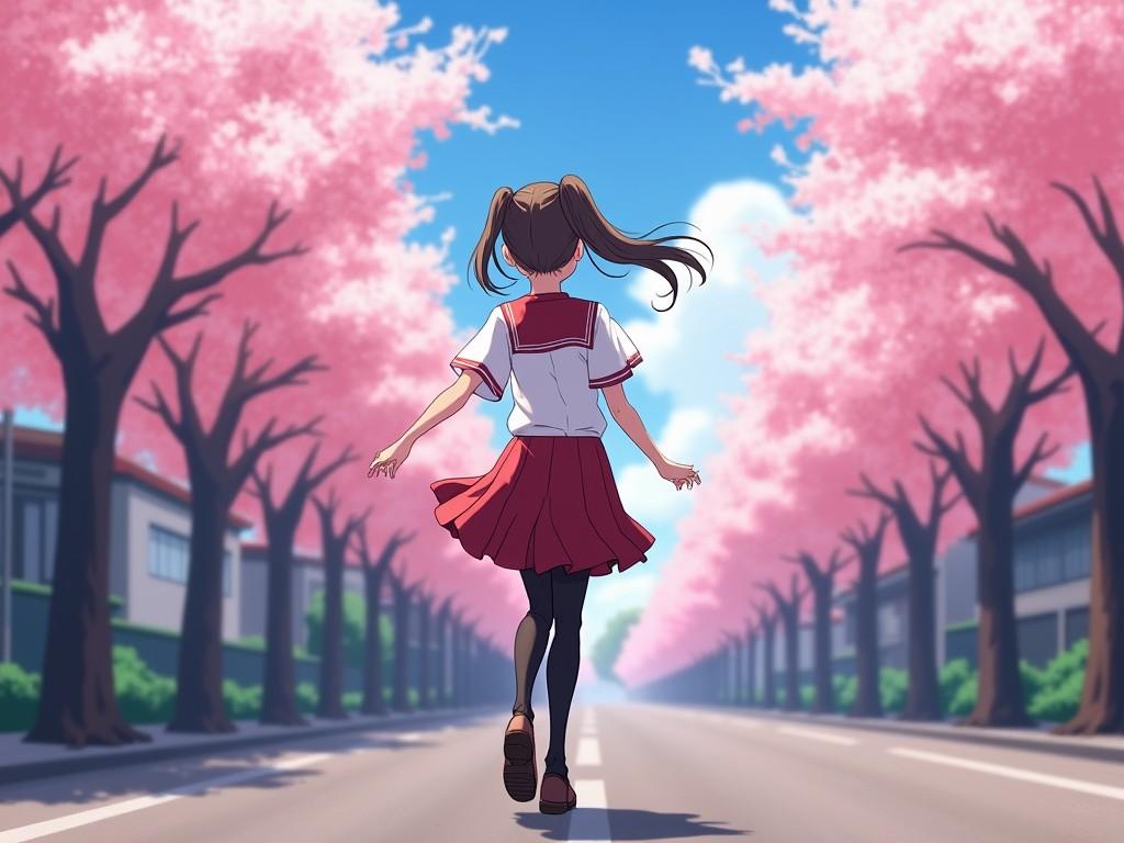 This digital artwork depicts a young girl in a school uniform walking down a picturesque, cherry-blossom-lined street. Her hair is styled in pigtails, and the vibrantly blooming pink trees stretch out on both sides, creating a tunnel-like effect that draws the viewer's eye naturally down the avenue. The scene is bathed in bright daylight, contributing to a sense of optimism and serenity.