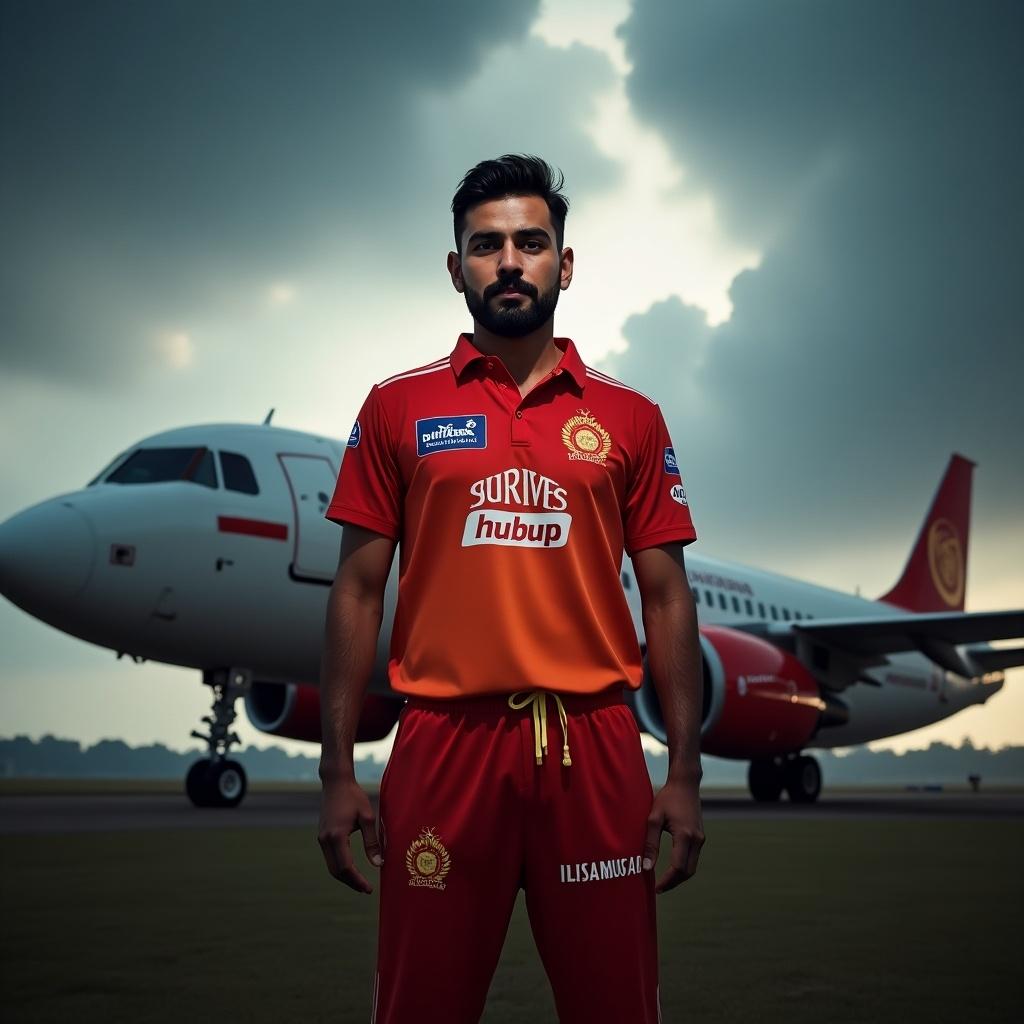 A cricket player wearing Sunrisers Hyderabad jersey stands in front of an airplane with thunderstorm in the background. Sunny field setting with dark clouds looming.