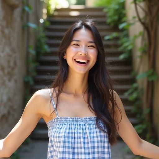 A young woman standing outdoors in a sunlit setting. She has long dark hair and is smiling broadly. Wearing a light blue and white checkered sundress. Her arms are outstretched to the sides. The background shows an alleyway with stone or concrete walls and greenery. The mood is cheerful and relaxed.