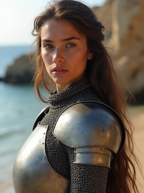 A young medieval woman in full armor stands on a Mediterranean coast. She wears chain mail and a sheet metal chest plate. The setting is warm and inviting with a beach and coastline. Her body is fully armored. The setting captures a serene and historical atmosphere without showing her face.