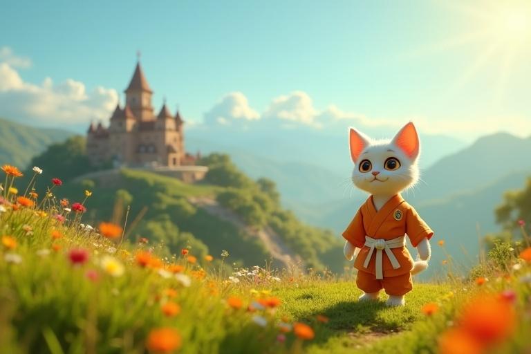 A cute anthropomorphic cat named Kittuu stands in a karate gi on a lush green hill. He looks determined with a tilak on his forehead. A scenic castle sits in the background under a clear sky. Colorful flowers cover the hill. Golden sunlight shines on Kittuu, conveying hope and courage.