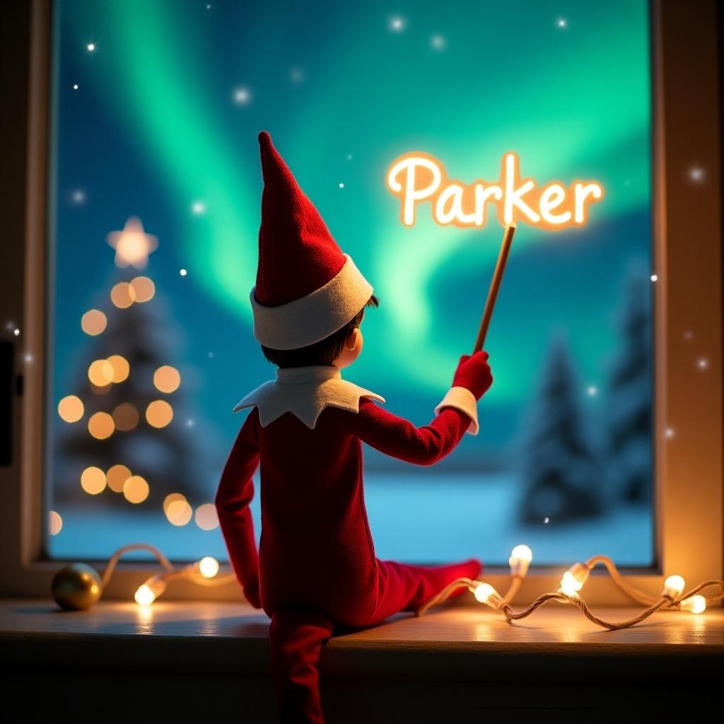 Christmas scene with an elf on the shelf. The elf's back faces the viewer. Dressed in red and white. Elf uses a magic wand to write 'Parker' in glowing letters. Vibrant northern lights in the background. Soft twinkling lights add cheer. The scene is whimsical and embodies Christmas spirit.